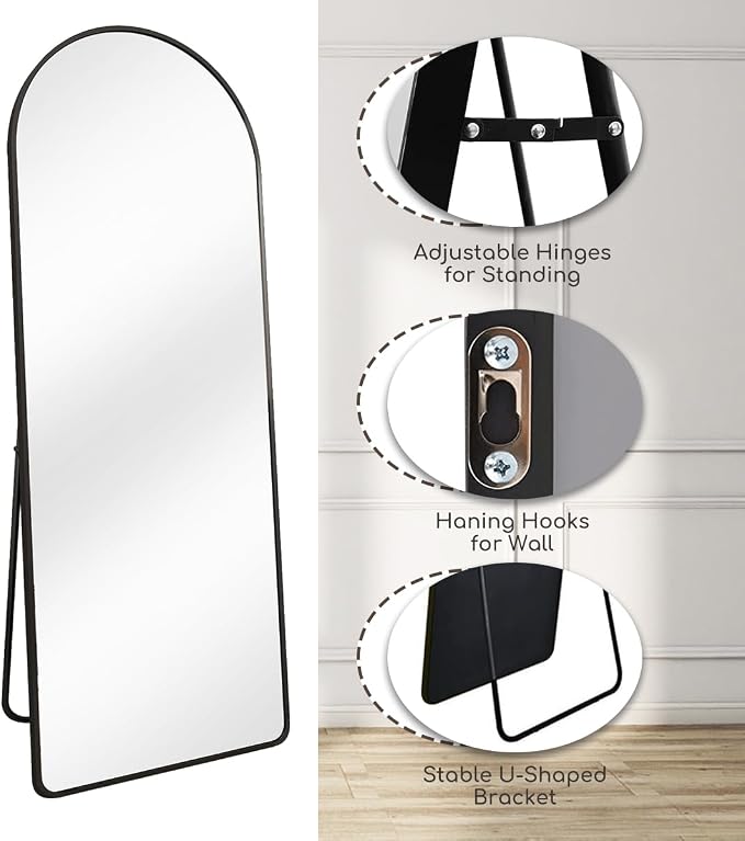 Dewfig Mirror Full Length, 64"X21" Arched Floor Mirror, Round Corner, Black | Aluminum Alloy Frame Full Body Mirror, HD Shatterproof Tempered Glass, Lean/Stand/Wall for Living Room,Bedroom, Dressing Room