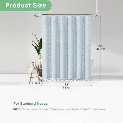 Boho Farmhouse Shower Curtain Tufted Geometric 72"x72" Fog Blue | Elegant Tassel, Soft Lightweight Textured Cloth, Water Repellent, Washable, Hotel Spa, for Bathroom/Dorm/Apartment 12 Hooks