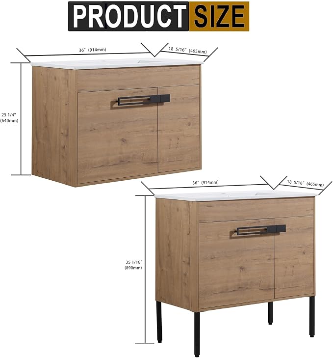 2-in-1 Wall Mounted & Free Standing Bathroom Vanity with Sink Modern 36" Bathroom Vanity with Top Basin&Storage Cabinet Brown Oak Wood Bath Vanity w/Ceramic Sink for Small Space-Legs Removable