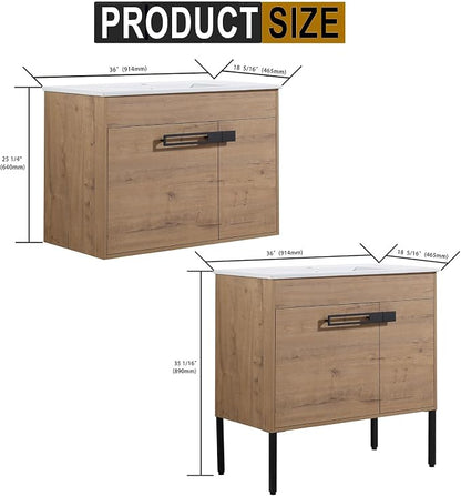2-in-1 Wall Mounted & Free Standing Bathroom Vanity with Sink Modern 36" Bathroom Vanity with Top Basin&Storage Cabinet Brown Oak Wood Bath Vanity w/Ceramic Sink for Small Space-Legs Removable