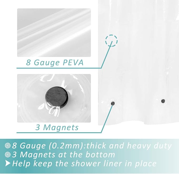 54x72 Stall Size Shower Curtain Liner Clear | 3 Bottom Magnets,10 Rustproof Grommets,Water Proof Heavy Duty PEVA,54W x 72H for Small Bathroom or Shower Stall