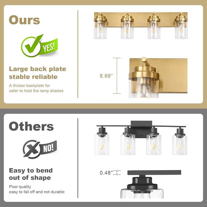 4-Light Bathroom Light Fixtures, Brushed Gold Vanity Lights | Modern Bathroom Lighting Fixtures Over Mirror, Vanity Lights for Bathroom, Mirror, Restroom, Bedroom, E26