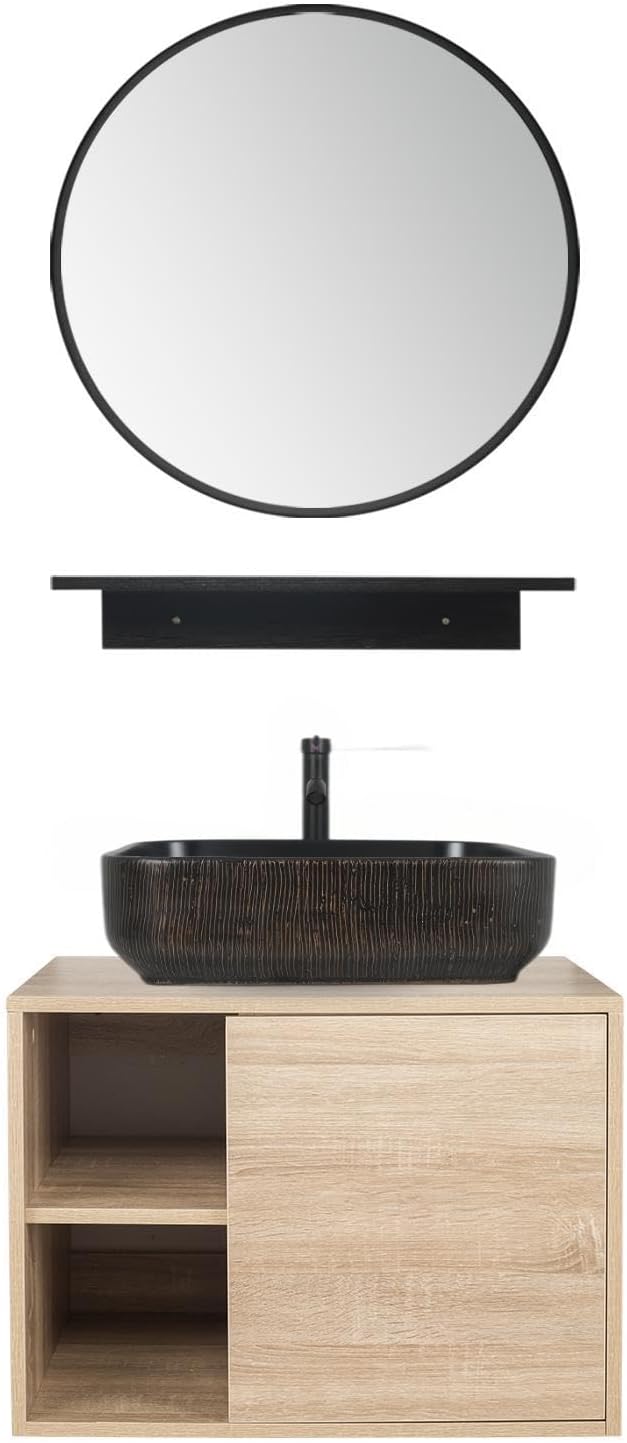 YOURLITE 24" Floating Bathroom Vanity, Wall-Mounted Bathroom Vanity and Sink Combo with Mirror and Faucet & Pop Up Drain Set, Black Vessel Sink
