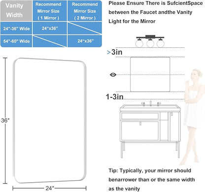 Brushed Nickel Bathroom Mirror for Over Sink, 24" x 36" Framed Rectargular Wall-Mounted Bathroom Mirrors for Vanity, Decorative, Farmhouse, Restroom, Horizontally or Vertically Hanging