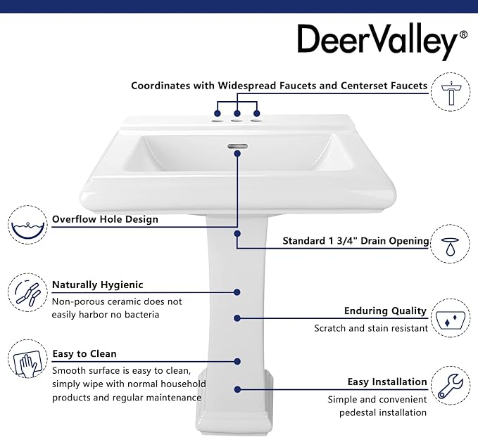 DeerValley 26"L X 20"W Rectangular Pedestal Sink, Apex White Ceramic Pedestal Bathroom Sink with 3 Faucet Holes at 4" Faucet Centers, with Overflow,DV-1P521