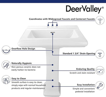 DeerValley 26"L X 20"W Rectangular Pedestal Sink, Apex White Ceramic Pedestal Bathroom Sink with 3 Faucet Holes at 4" Faucet Centers, with Overflow,DV-1P521
