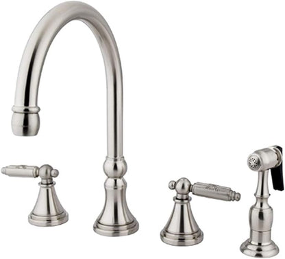 Kingston Brass GS2798GLBS Georgian Widespread Two Handle Kitchen Faucet with Matching Brass Sprayer, 8-1/4-Inch in Spout Reach, Brushed Nickel