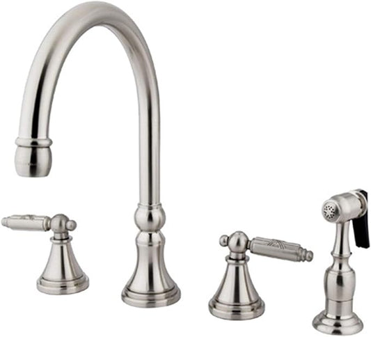 Kingston Brass GS2798GLBS Georgian Widespread Two Handle Kitchen Faucet with Matching Brass Sprayer, 8-1/4-Inch in Spout Reach, Brushed Nickel