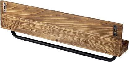 MyGift Bathroom Shelf with Towel Bar 22 Inch, Bath Towel Holder Rack Hanger, Wall Mounted Bathroom Display Storage Shelf, Rustic Burnt Wood with Industrial Metal Pipe