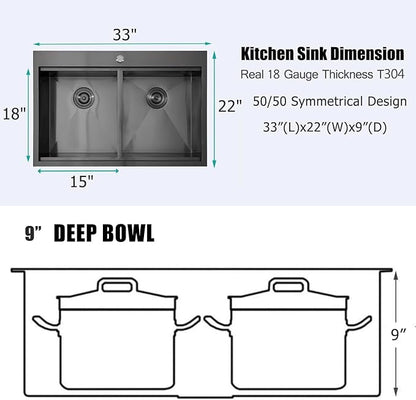 Comllen 33''× 22''× 10'' Kitchen Sink 16-gauge 304 stainless Gunmetal Black, Stainless Steel Drop in Double Basin Kitchen Sinks with Accessories