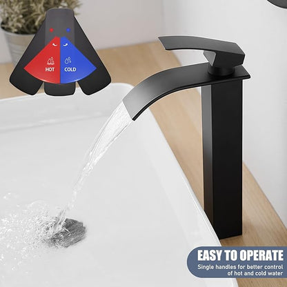 RUMOSE Tall Bathroom Faucet Matte Black Vessel Sink Faucet with Pop Up Drain Modern Single Handle One Hole Waterfall Vanity Tap, Stainless Steel