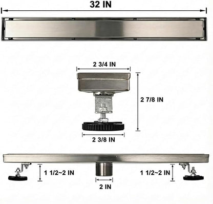 Linear Shower Floor Drain, 32 Inch Brushed Nickel 304 Stainless Steel Bathroom Drains Kit, Rectangular Shower Trench Drain with Reversable Tile-in Pattern Drain Cover & Hair Catcher