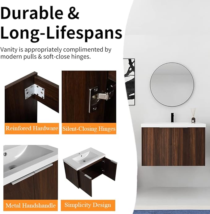 30" Bathroom Vanity with Sink, Single Sink Modern Bathroom Vanities Set, Wall-Mounted Bathroom Vanity, Floating Soft Close Door