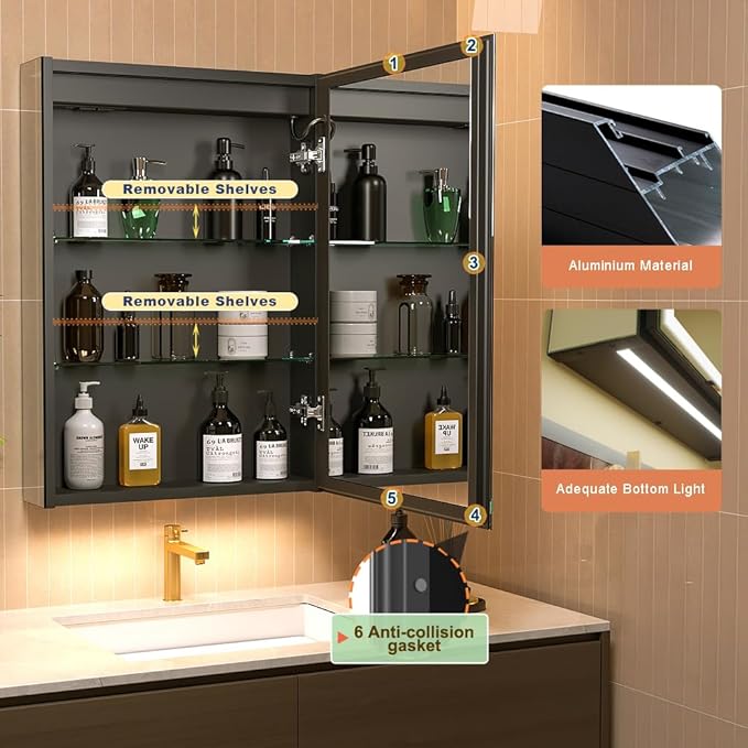 LED Lighted Bathroom Medicine Mirror Cabinet with Sockets & USBs, Anti-Fog Dimmable Light and Color Adjustment, Easy to Install Aluminum Cabinet (20 * 28 Right Hinge)