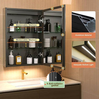 LED Lighted Bathroom Medicine Mirror Cabinet with Sockets & USBs, Anti-Fog Dimmable Light and Color Adjustment, Easy to Install Aluminum Cabinet (20 * 28 Right Hinge)