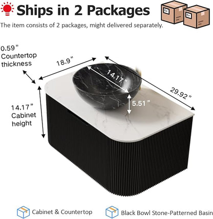 30" Floating Bathroom Vanity with Sink, Natural Solid Wood Modern Bathroom Vanities with Ultra-Thin Marble Bowl Shape Sink and Countertop, Soft-Close Design, Pre-Assembled Cabinet, Black