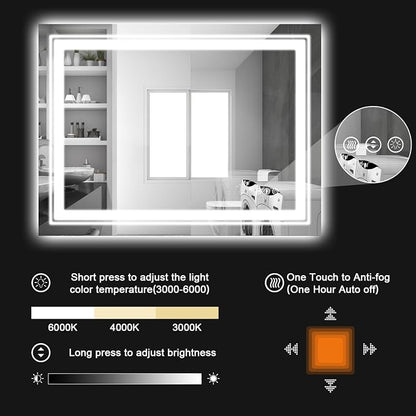 Snowdool 30 x 36 in LED Bathroom Mirror, Front and Backlit, Anti-Fog | Front and Backlit, Stepless Dimming, Anti-Fog, Memory Function