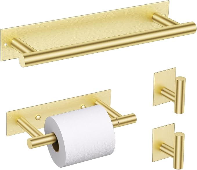 Lairuier Brushed Gold Bathroom Hardware Set, Adhesive or Screw Wall Mounted | Bathroom Accessories Set, Adhesive or Screw Wall Mount Toilet Paper Holder and Hand Towel Bar Holder, No Drill 2 Towel Hooks