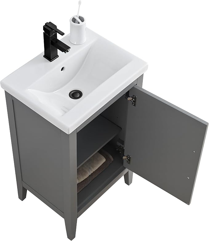 HomeBeyond 20 Inch Bathroom Vanity with Sink & Ceramic Top, Single Vanity Cabinet with Basin, Soft-Closing Doors & Matte Black Hardware, Grey