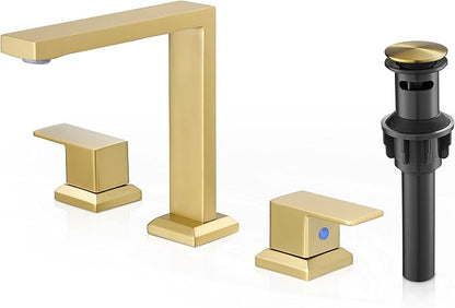 8 Inch Brass Bathroom Faucet 3 Hole, 2 Handle Brushed Gold Faucets for Bathroom Sinks with Pop up Drain, Pre-Installed cUPC Water Hoses & Removable Aerator for Vanity, Modern, No Noise