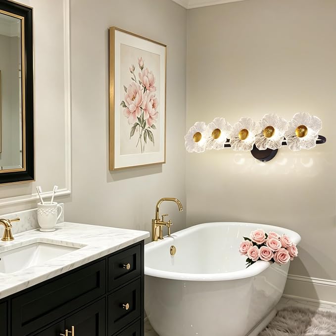 27" Bathroom Light Fixtures,Vanity Lights,Bathroom Vanity Light | 5 light,3CCT,Black Gold,LED,Daisy,Wall Sconces,Girly,Floral,Elegant,Fancy,for Restroom,Living Room,Bedroom,Mirror