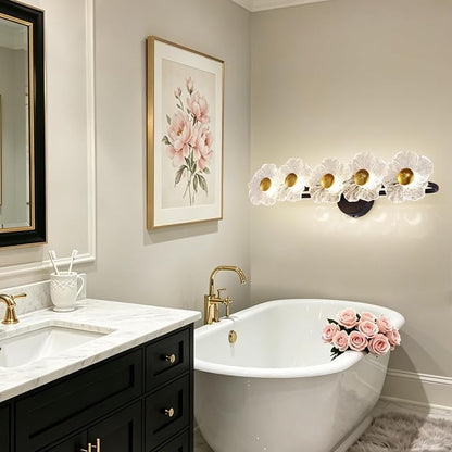 27" Bathroom Light Fixtures,Vanity Lights,Bathroom Vanity Light | 5 light,3CCT,Black Gold,LED,Daisy,Wall Sconces,Girly,Floral,Elegant,Fancy,for Restroom,Living Room,Bedroom,Mirror