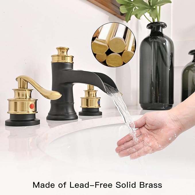 BWE Widespread Bathroom Faucet 3 Hole Black and Gold 8 Inch Two Handles Commercial Bathroom Sink Faucet with Brass Pop Up Drain Stopper and Supply Lines Bath Vanity Lavatory Mixer Tap