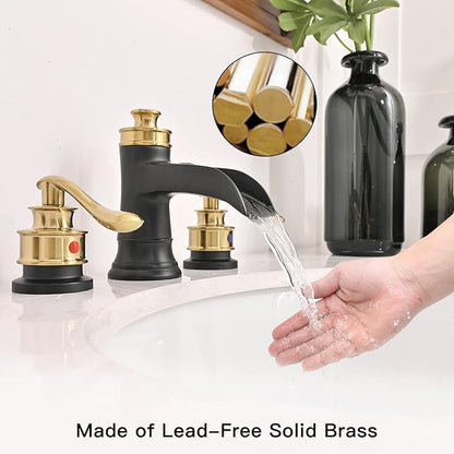 BWE Widespread Bathroom Faucet 3 Hole Black and Gold 8 Inch Two Handles Commercial Bathroom Sink Faucet with Brass Pop Up Drain Stopper and Supply Lines Bath Vanity Lavatory Mixer Tap
