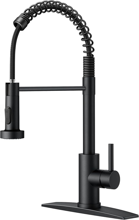 FORIOUS Black Kitchen Faucet with Pull Down Sprayer, Stainless Steel Commercial Single Handle Classic Spring Pull Out Kitchen Sink Faucet for Pot Filler, Farmhouse Camper Bar Laundry Room