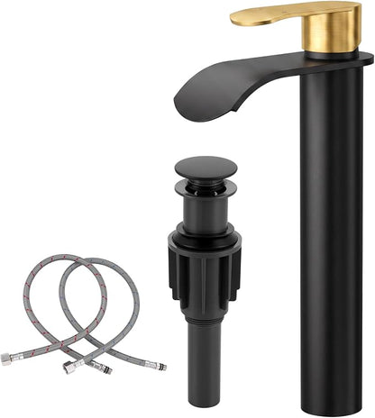 Vessel Sink Faucet Black and Gold：WOWOW Single Handle Tall Bathroom Faucet - Waterfall Single Hole Mixer Bar Tap with Large Rectangular Spout, Deck Mount Lavatory Vanity with Pop Up Drain