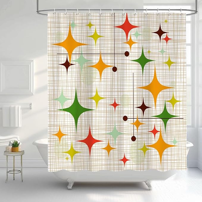 Mid Century Modern Shower Curtain, Retro Abstract Geometric Design Bath Curtains for Bathroom, Boho Colorful Unique Stars Pattern Decor Waterproof Fabric Shower Curtain Sets 12 Hooks 72X72 in