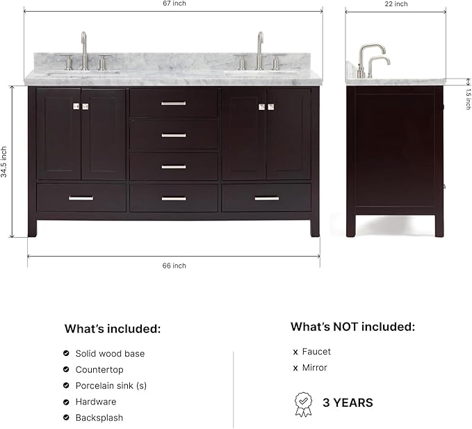 ARIEL Cambridge 66-inch Bathroom Vanity with Sink,Solid Wood, 1.5-inch Italian Carrara Marble Countertop, Double Rectangular Porcelain Sink, 4 Soft Closing Doors, 6 Dovetail Drawers, Espresso