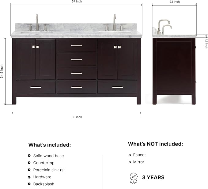 Beckford 66" Espresso Double Bathroom Vanity with 1.5" Italian Carrara Marble Countertop, 2 Rectangular Undermount Sinks, 4 Soft Closing Shaker Doors, 6 Dovetail Drawers
