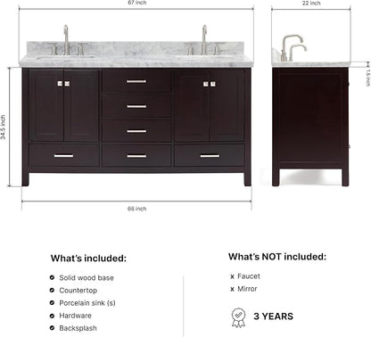 Beckford 66" Espresso Double Bathroom Vanity with 1.5" Italian Carrara Marble Countertop, 2 Rectangular Undermount Sinks, 4 Soft Closing Shaker Doors, 6 Dovetail Drawers
