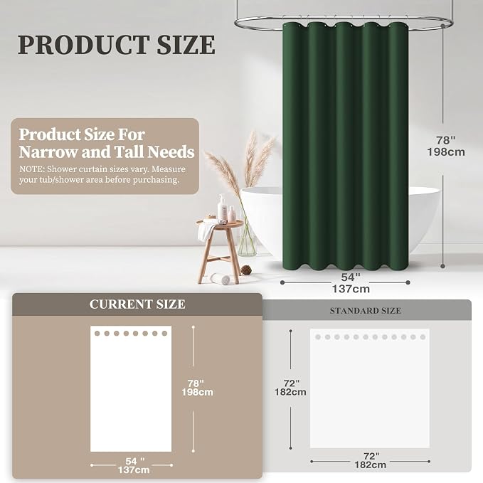 54x78 Linen Textured Waterproof Fabric Shower Curtain, Emerald Green | Narrow Long Size, 230GSM Polyester, Heavy Duty Cloth, Weighted Hem, 10 Hooks, Modern Luxury Hotel Style, Machine Washable