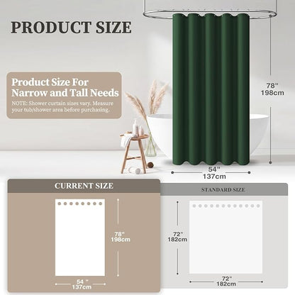 54x78 Linen Textured Waterproof Fabric Shower Curtain, Emerald Green | Narrow Long Size, 230GSM Polyester, Heavy Duty Cloth, Weighted Hem, 10 Hooks, Modern Luxury Hotel Style, Machine Washable