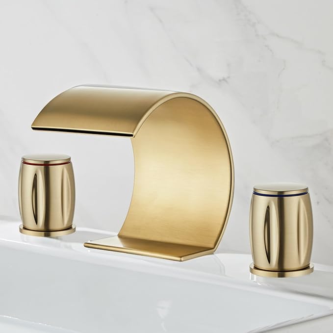 3 Hole Basin Mixer Faucet Waterfall Hot and Cold Water Brass 2 Handles 3 Hole Bathroom Faucets-Brushed Gold