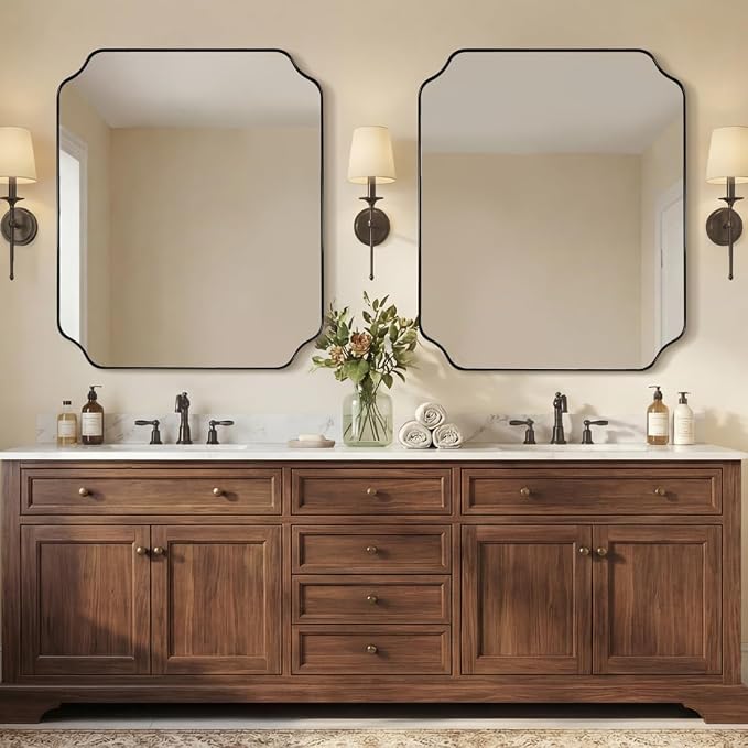 30x36 Inch Bathroom Mirror, Matte Black Vanity Mirror, Modern Scalloped Mirror in Premium Stainless Steel Metal Thin Frame, Unique Rounded Notched Corners, Hangs Vertically or Horizontally