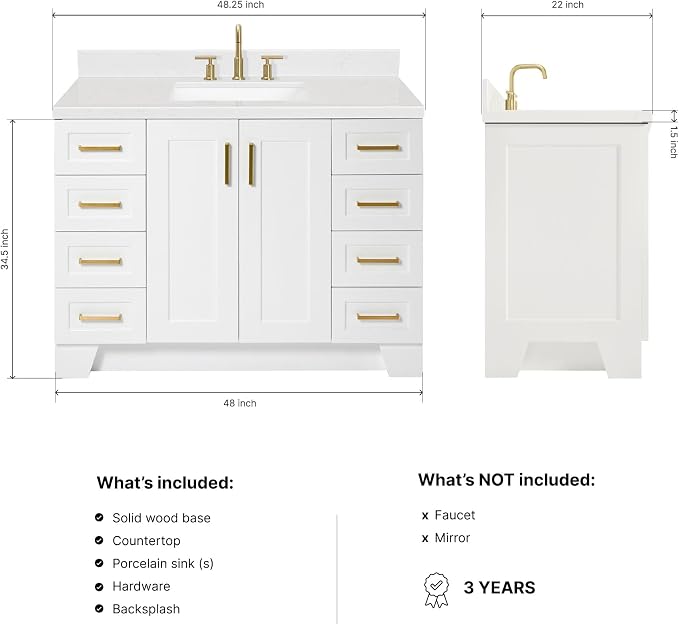 DKB Emilia 48-Inch Bathroom Vanity with Sink — White Single Sink Bathroom Vanity, 1.5" Edge Carrara Quartz Countertop, Solid Wood, 2 Soft Closing Doors, 9 Dovetail Drawers