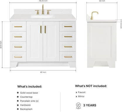 DKB Emilia 48-Inch Bathroom Vanity with Sink — White Single Sink Bathroom Vanity, 1.5" Edge Carrara Quartz Countertop, Solid Wood, 2 Soft Closing Doors, 9 Dovetail Drawers