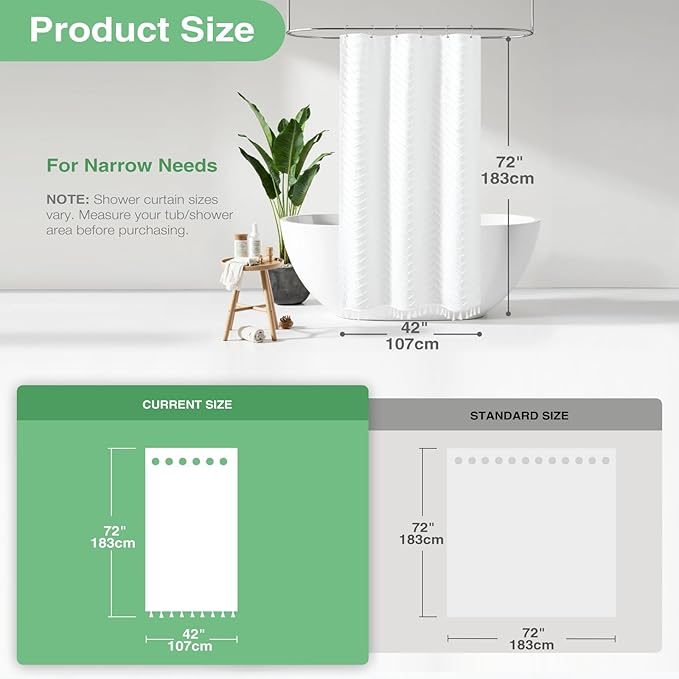 Dynamene Stall Shower Curtain and Liner Set - 42 inch Wide Boho Shower Curtain and Waterproof Clear Liner, Tufted Chevron Striped Textured Tassel Shower Curtains for Bathroom, 7 Hooks, 42x72, White