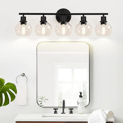 5-Light Bathroom Light Fixture, Matte Black Vanity Light with Clear Glass Globe Shades, Modern Bathroom Lights Over Mirror, Wall Sconce Lighting for Bathroom, Bedroom, Hallway, Living Room, Porch