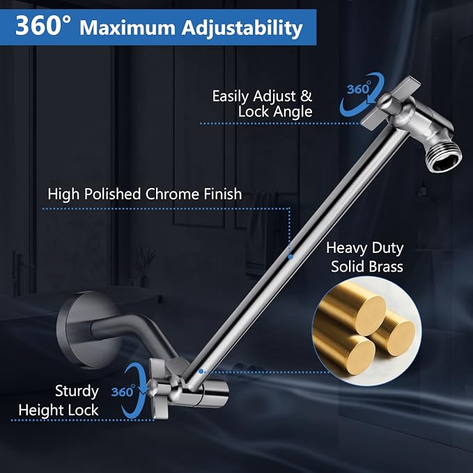 Shower Head Combo,12" Brushed Nickel High Pressure with 11" Extension Arm | Rain Shower Head with 5 Settings Handheld Shower Head Combo,Powerful Shower Spray Against Low Pressure Water