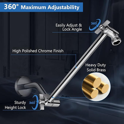 Shower Head Combo,12" Brushed Nickel High Pressure with 11" Extension Arm | Rain Shower Head with 5 Settings Handheld Shower Head Combo,Powerful Shower Spray Against Low Pressure Water