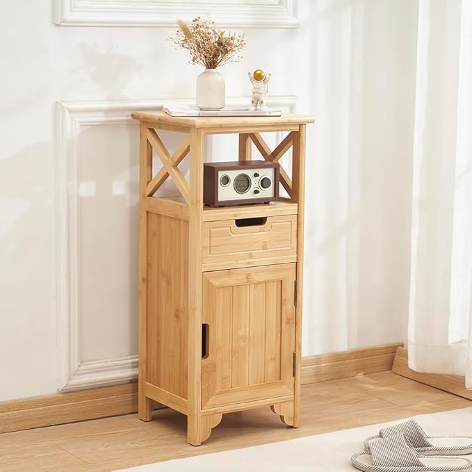 Fully Assembled 30" High Bamboo End Side Table, Preassembled Bathroom Floor Cabinet, Tall Nightstand for Bedroom