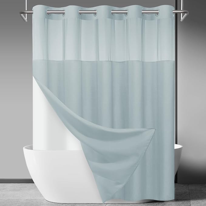 SORTTO No Hook Slub Shower Curtain with Liner, 71x74, Blue | Snap in Liner, 3 in 1, Bamboo Texture, Hotel Style, Waterproof Fabric, Mesh Top Window, Corner Magnets, Machine Washable