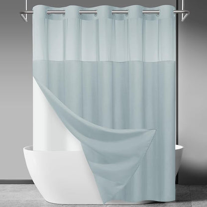 SORTTO No Hook Slub Shower Curtain with Liner, 71x74, Blue | Snap in Liner, 3 in 1, Bamboo Texture, Hotel Style, Waterproof Fabric, Mesh Top Window, Corner Magnets, Machine Washable