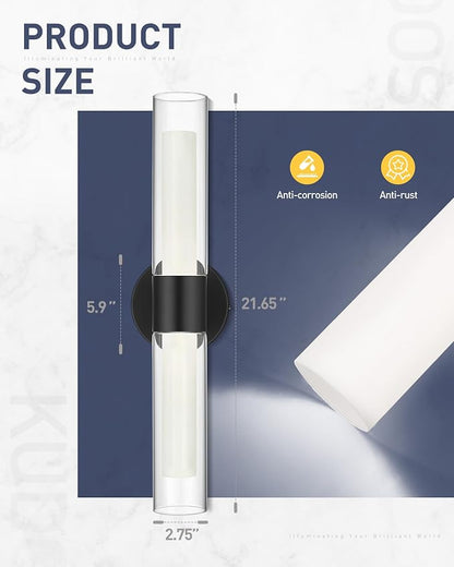 kudos Black LED Vanity Light, Clear and Frosted Glass, 3CCT, KDVL06-BK-2 | 11W,1100 Lumens, 3000K, 4500K and 6000K Selectable, Hardwired, for Bathroom, Bedroom and Over Mirror