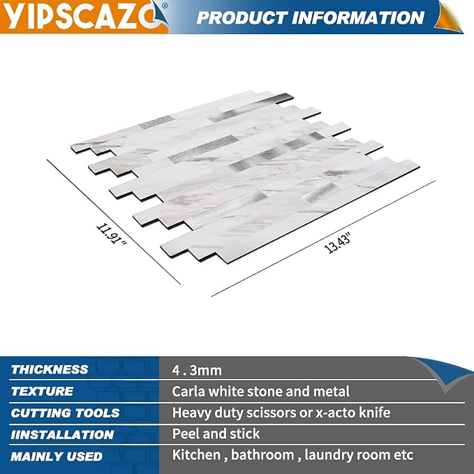 Yipscazo 2026 New Upgrade Peel and Stick Backsplash, Stick on Backsplash Tiles for Kitchen, Bathroom, Fireplace (20 Sheets, Bright Carla White)