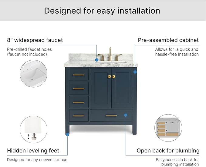 ARIEL Cambridge 36-inch Bathroom Vanity with Sink,Solid Wood, 1.5-inch Italian Carrara Marble Countertop, Single Rectangular Porcelain Sink, 2 Soft Closing Doors, 5 Dovetail Drawers, Midnight Blue